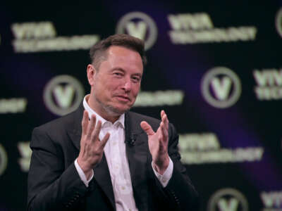 Elon Musk speaks as he visits the Vivatech technology startups and innovation fair at the Porte de Versailles exhibition center in Paris, on June 16, 2023.