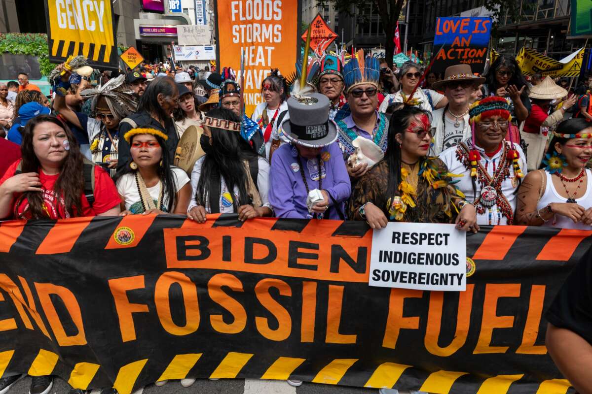Thousands of activists, indigenous groups, students and others take to the streets of New York for the 'March to End Fossil Fuels' protest on September 17, 2023, in New York City.