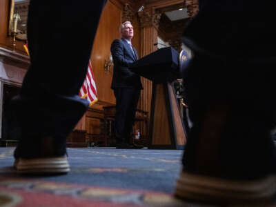 Former Speaker Kevin McCarthy speaks to the press after the motion to vacate his position passes in the U.S. Capitol on October 3, 2023, in Washington, D.C.