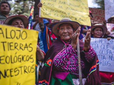 An older Indigenous woman claps in the middle of a protest against lithium mining in Jujuy, Argentina.