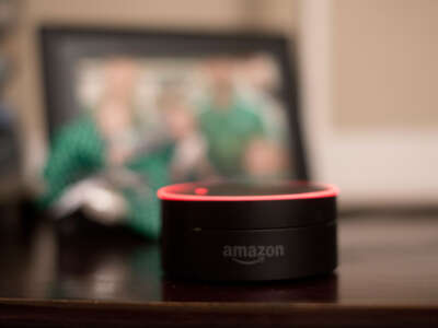 An Amazon Echo Dot sits on the bedside table of a home in Lantana, Texas, on February 6, 2018.