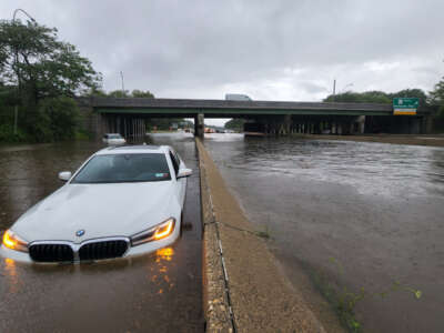 Cars are stranded in a flood on Sunrise Highway at the Heckscher State Parkway interchange in Islip Terrace, New York, on July 16, 2023.