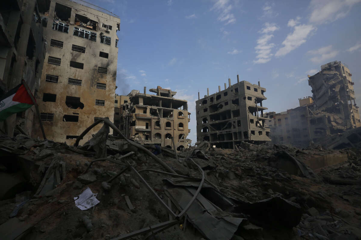 A view of destroyed buildings and debris at the Al-Rimal neighborhood after Israeli airstrikes in Gaza Strip on October 10, 2023.