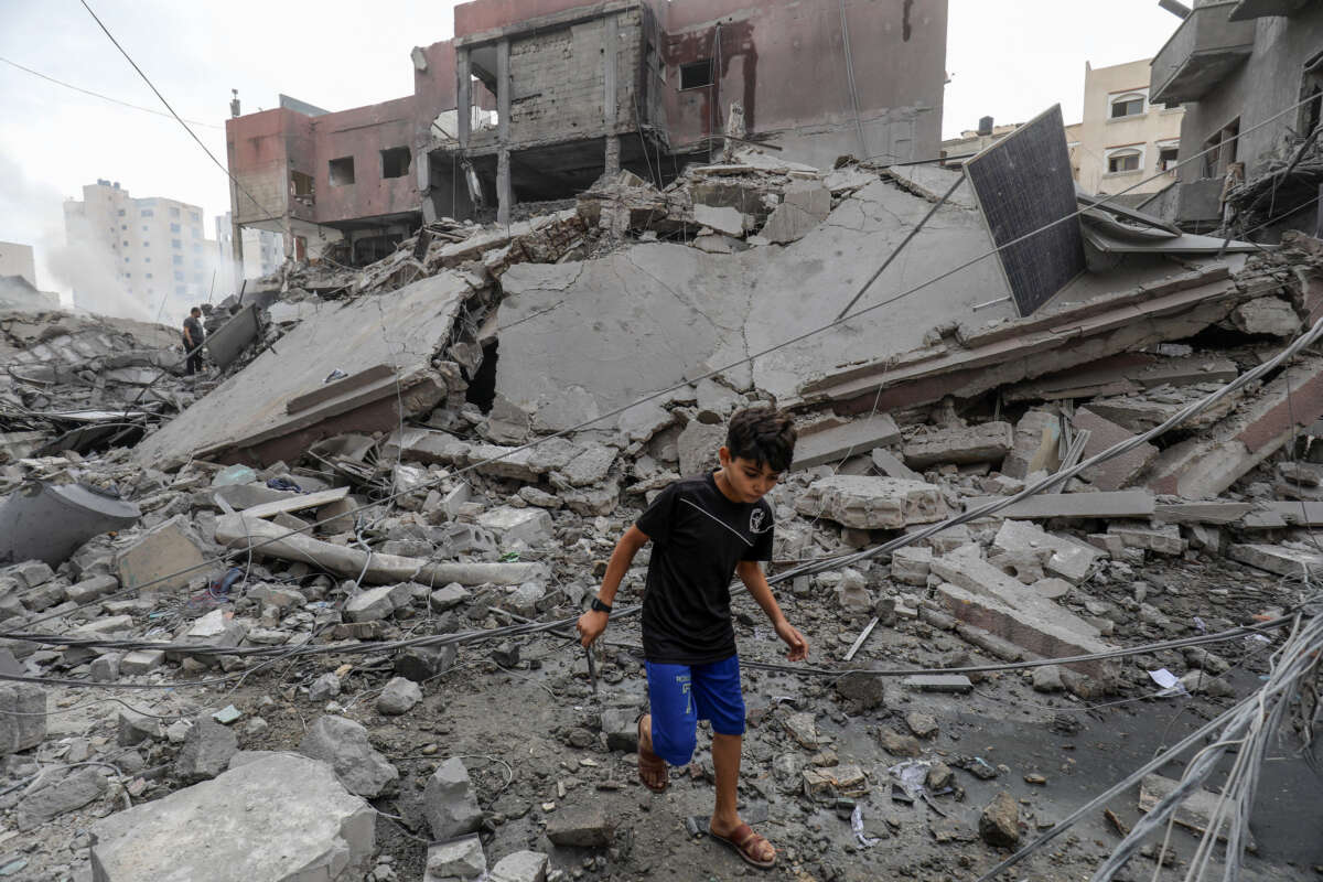 A view of debris of a municipality building after Israeli airstrikes in Khan Yunis, Gaza, on October 10, 2023.