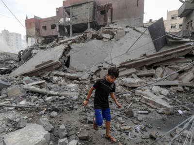 A view of debris of a municipality building after Israeli airstrikes in Khan Yunis, Gaza, on October 10, 2023.
