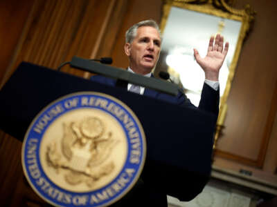 Former Speaker of the House Kevin McCarthy talks during a news conference in the Rayburn Room at the U.S. Capitol on October 9, 2023, in Washington, D.C.