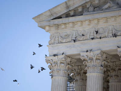 Pigeons fly onto on a ledge atop the west front of the U.S. Supreme Court on October 2, 2023.