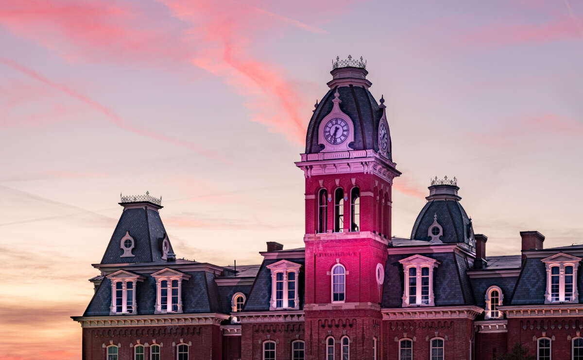 Woodburn Hall at West Virginia University is pictured at sunset.