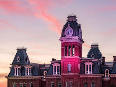 Woodburn Hall at West Virginia University is pictured at sunset.