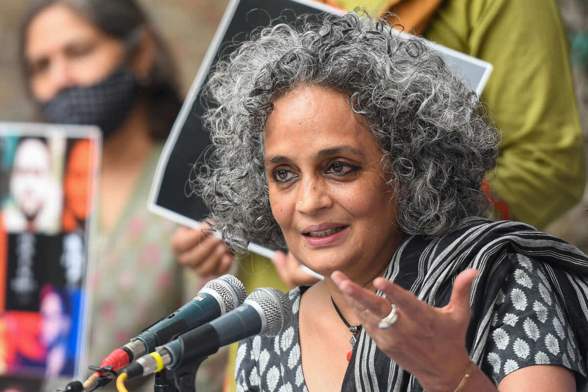 Indian author and activist Arundhati Roy speaks during a press conference in New Delhi on October 22, 2020.