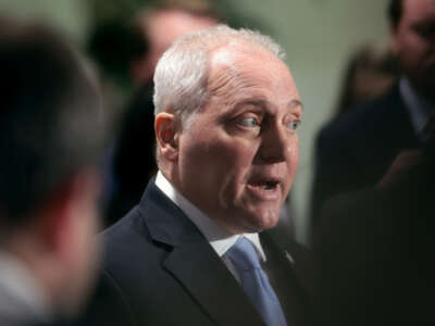 House Majority Leader Steve Scalise speaks to reporters as he leaves a House Republican caucus meeting at the U.S. Capitol on October 12, 2023, in Washington, D.C.