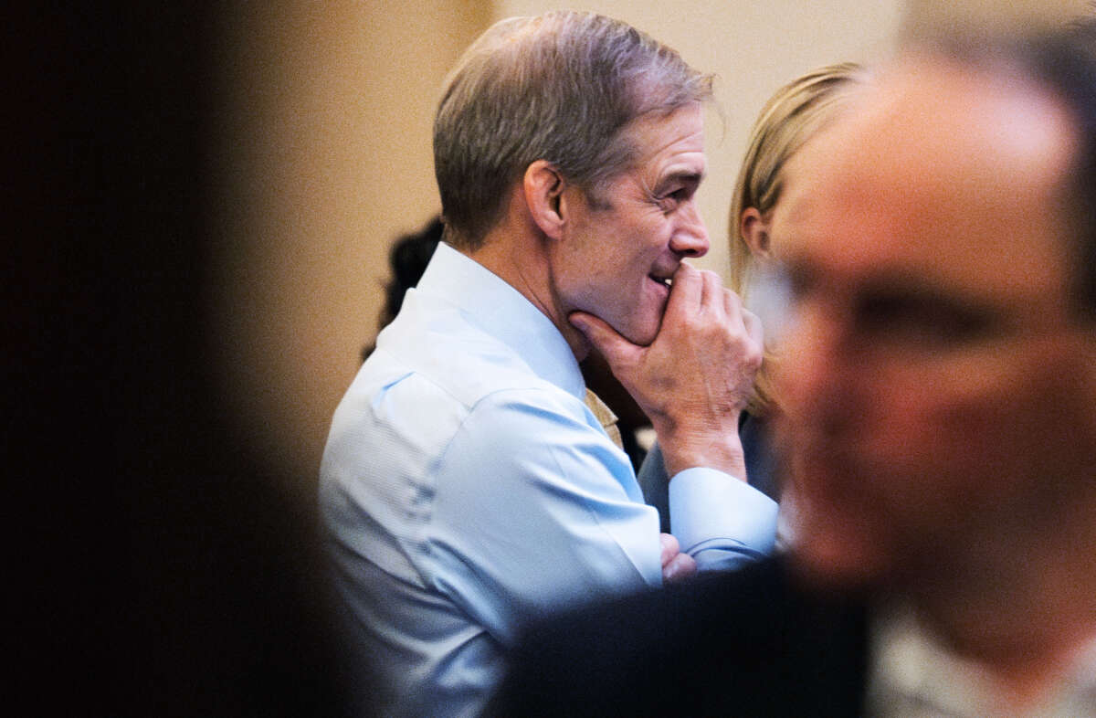 Rep. Jim Jordan is seen in a House Republican Conference speaker election meeting after he was voted the party's nominee for speaker of the house in Longworth Building on October 13, 2023.