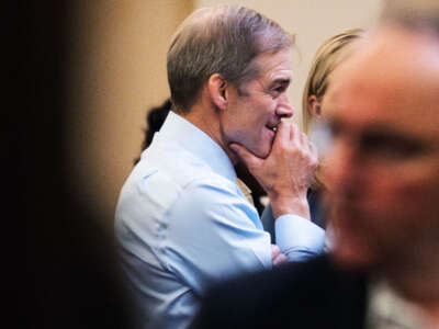 Rep. Jim Jordan is seen in a House Republican Conference speaker election meeting after he was voted the party's nominee for speaker of the house in Longworth Building on October 13, 2023.