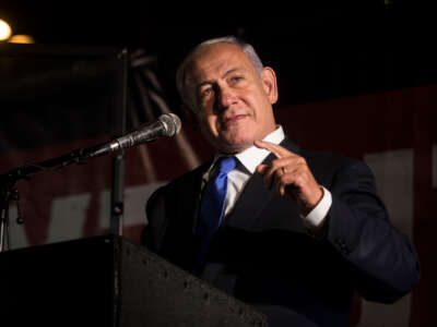 Benjamin Netanyahu speaks during a protest against the Israeli government on April 6, 2022, in Jerusalem, Israel.