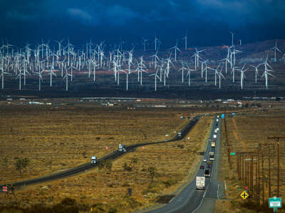 A view of wind turbines seen from Highway 58 on March 23, 2021, in Mojave, California.