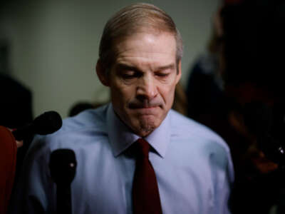 House Judiciary Committee Chairman Jim Jordan talks to reporters as he heads from his office in the Rayburn House Office Building to the U.S. Capitol on October 18, 2023, in Washington, D.C.