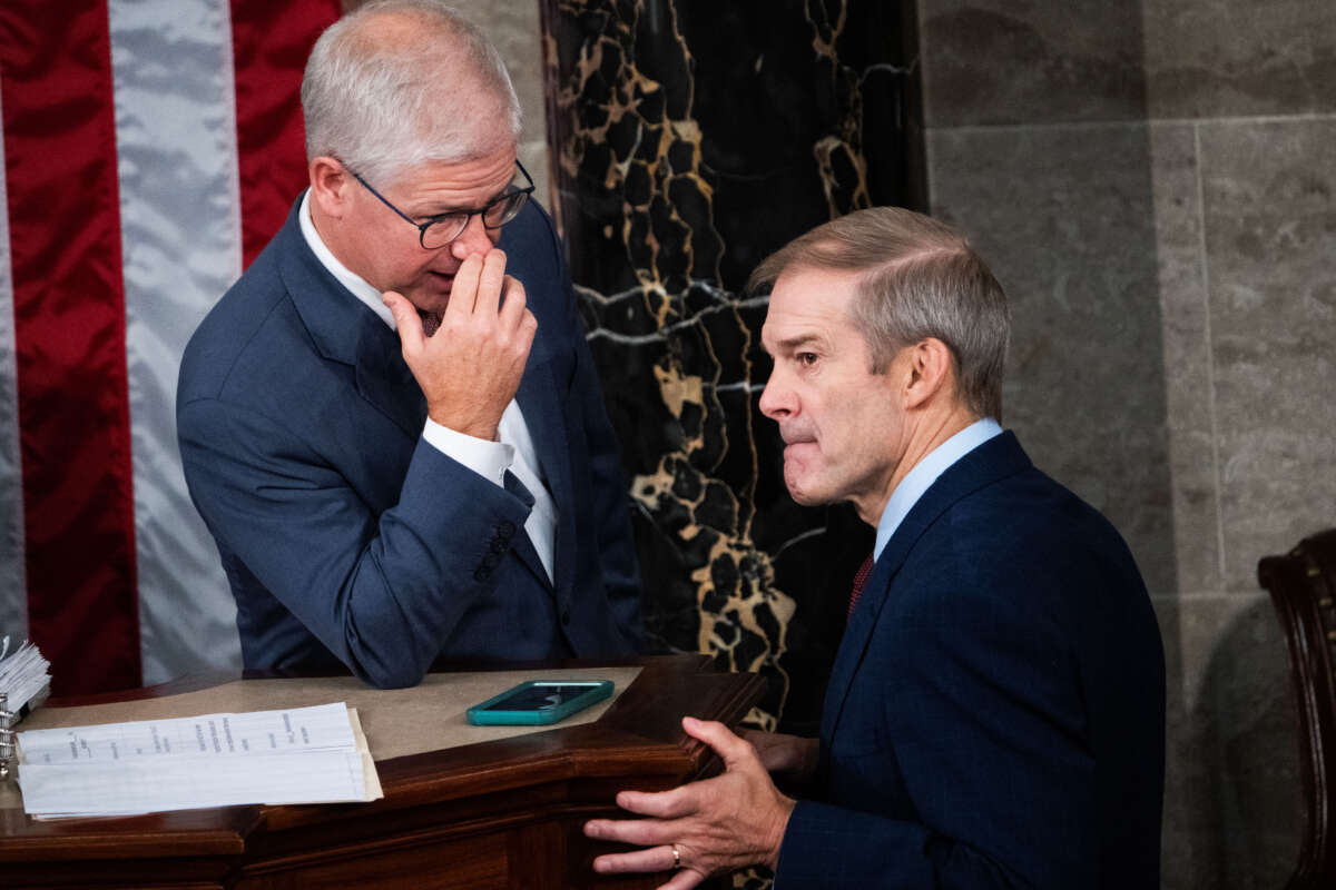 Speaker pro tempore of the House Patrick McHenry, left, and Rep. Jim Jordan, Republican nominee for speaker, are seen on the House floor of the U.S. Capitol before a second ballot in which Jordan failed to receive enough votes to win the position on October 18, 2023.