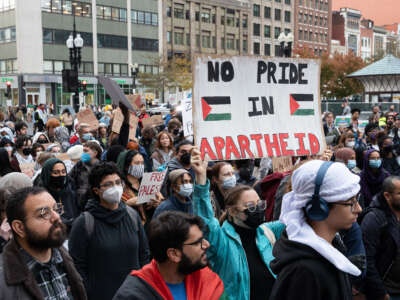 A Pro-Palestine supporter holds a placard saying "No Pride In Apartheid" during a rally in Boston, Massachusetts, on October 16, 2023.