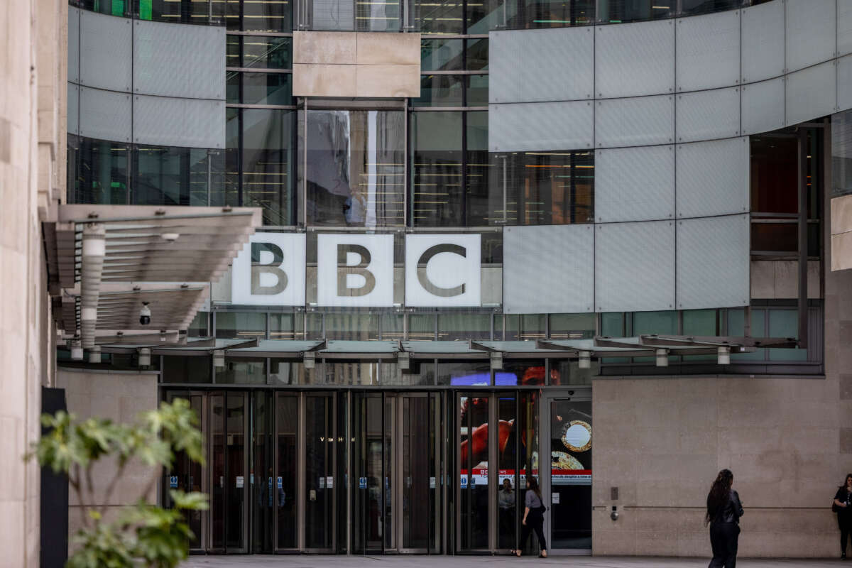 The entrance to Broadcasting House, the headquarters of the BBC, is pictured in London on October 1, 2023.