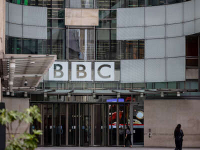 The entrance to Broadcasting House, the headquarters of the BBC, is pictured in London on October 1, 2023.