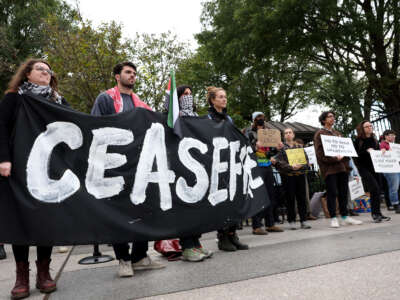 Protestors participate in a demonstration to support Gaza outside the White House in Washington, D.C., on October 16, 2023.