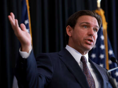 Florida Gov. Ron DeSantis speaks during a campaign event at The Vault on October 5, 2023, in Tampa, Florida.