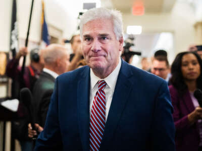 House Majority Whip Tom Emmer, candidate for speaker of the House, is seen outside a House Republican Conference speaker election meeting in Longworth Building on October 24, 2023.