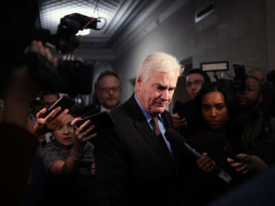 House Majority Whip Tom Emmer speaks to reporters as he leaves a House Republican candidates forum where congressmen who are running for speaker of the House presented their platforms in the Longworth House Office Building on Capitol Hill on October 23, 2023, in Washington, D.C.