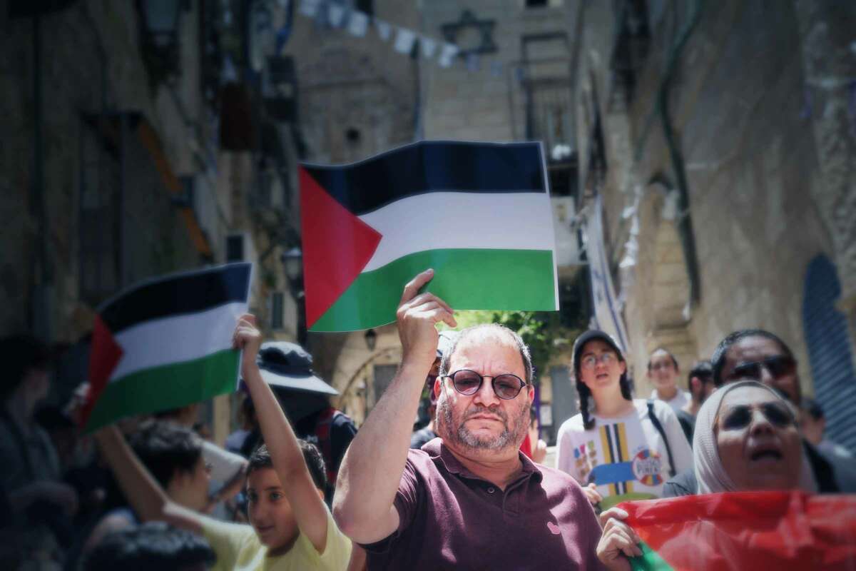 Ofer Cassif holds a poster bearing the Palestinian flag as he participates in an outdoor demonstration