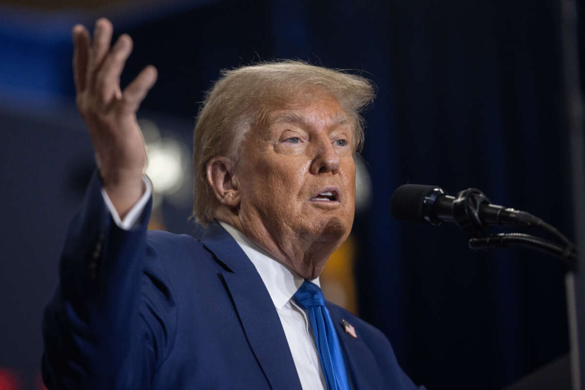 Former President Donald Trump delivers remarks during a campaign event on October 23, 2023, in Derry, New Hampshire.