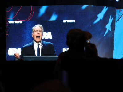 NRA Executive Vice President and CEO Wayne LaPierre speaks to guests at the 2023 NRA-ILA Leadership Forum on April 13, 2023, in Indianapolis, Indiana.