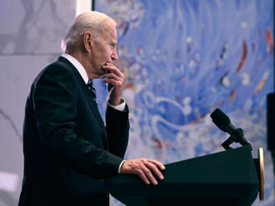 President Joe Biden holds a press conference during a solidarity visit to Israel, on October 18, 2023, in Tel Aviv.