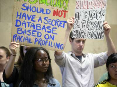 Members of the Black Youth Project 100 stand with other community members announcing a federal class-action lawsuit filed against the city alleging that Chicago police officers are given discretion to add individuals to the gang database on June 19, 2018, at City Hall in Chicago, Illinois.