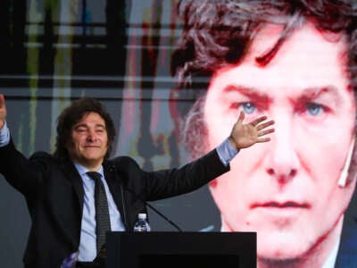 Argentinian presidential candidate Javier Milei gestures during a rally