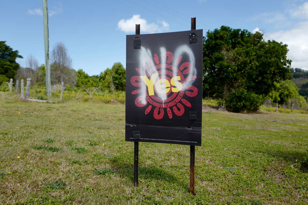 A YES Voice referendum campaign poster on the side of a road has the words "NO" sprayed across it, on September 23, 2023, in Tintenbar, Australia.