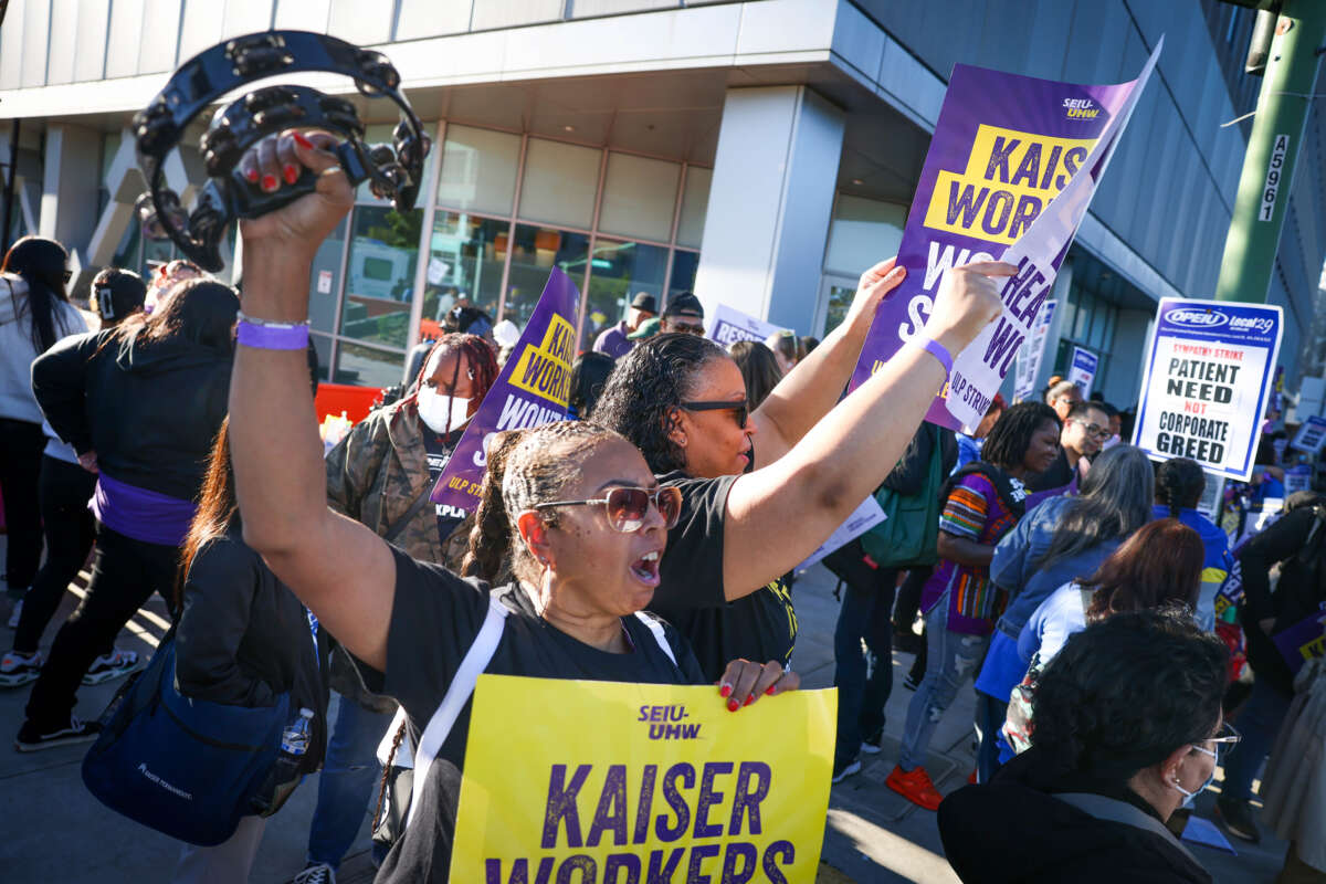 Kaiser Permanente healthcare workers form a picket line at Kaiser Oakland Medical Center in Oakland, California, on October 4, 2023.