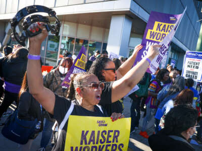 Kaiser Permanente healthcare workers form a picket line at Kaiser Oakland Medical Center in Oakland, California, on October 4, 2023.