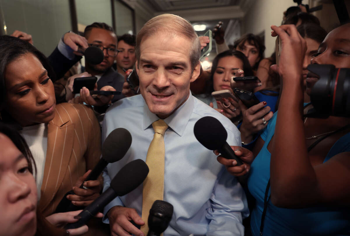 Rep. Jim Jordan speaks to reporters as House Republicans hold a caucus meeting at the Longworth House Office Building on October 13, 2023, in Washington, D.C.