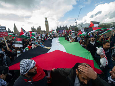 A march, organized by Solidarity Campaign, Friends of Al-Aqsa, and Stop the War Coalition demanding an end to the siege of the Gaza Strip, passes over Waterloo bridge on October 28, 2023, in London, England.