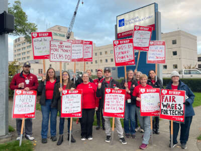 Workers picket outside of PeaceHealth St. John Medical Center.