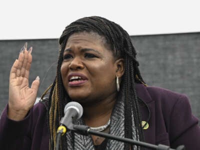 Rep. Cori Bush takes part in a demonstration organized with the attendance of multiple Jewish groups outside the Capitol Building in Washington D.C. on October 18, 2023 to advocate for ceasefire in Gaza.