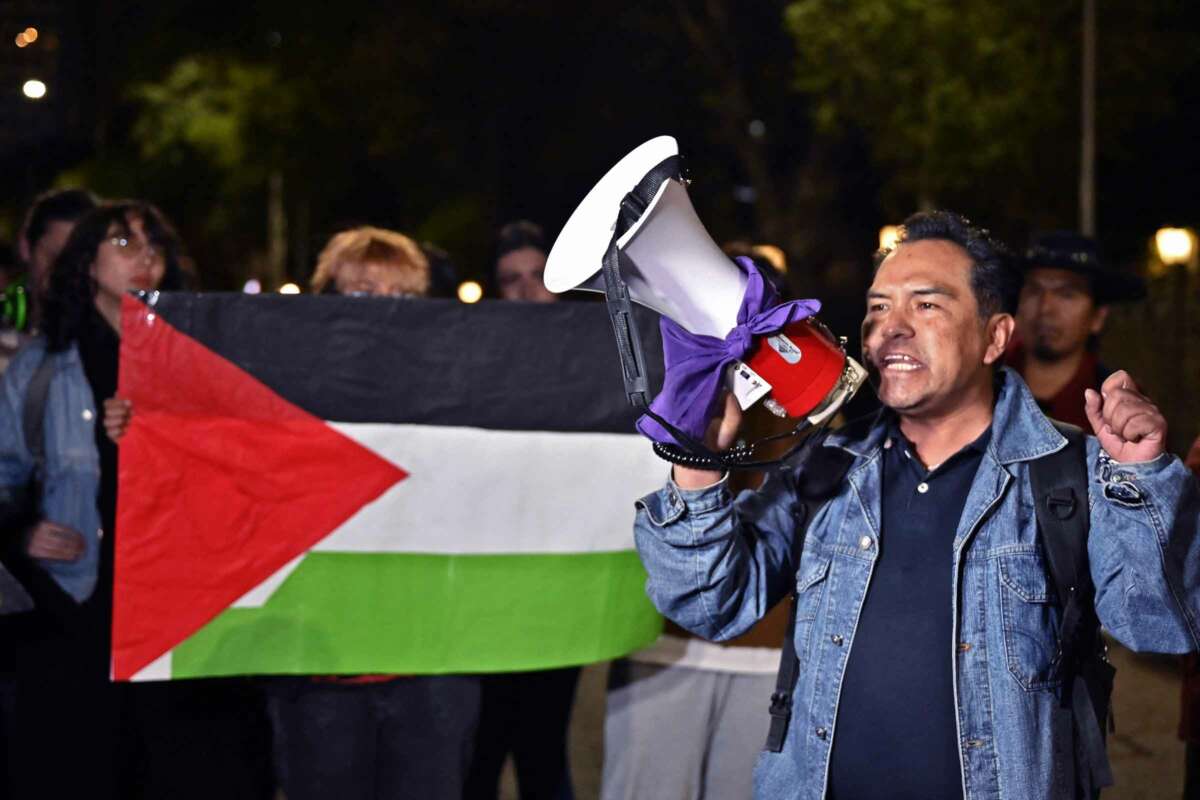 A man chants into a megaphone while other protesters stand behind him holding a sign bearing the Palestinian flag