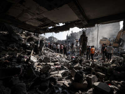 Palestinians conduct a search and rescue operation after the second bombardment of the Israeli army within 24 hours at Jabalia refugee camp in Gaza City, Gaza, on November 1, 2023.