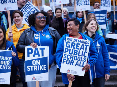 Portland Association of Teachers (PAT) members and supporters rally during a strike in Portland, Oregon, on November 1, 2023.