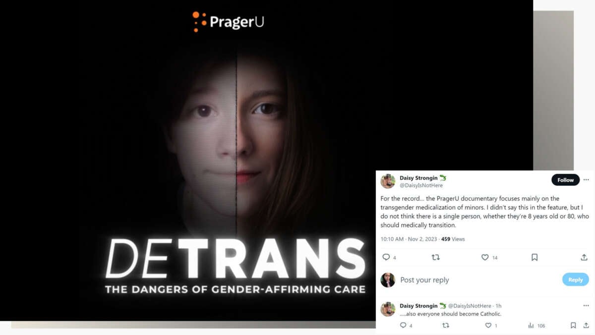A screengrab from the trailer for PragerU's #DETRANS, alongside a tweet from the film's main subject, Daisy Stronglin.