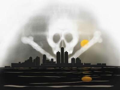 An illustration of the Detroit city skyline, covered in haze and loomed over by a large skull and crossbones made from smog.