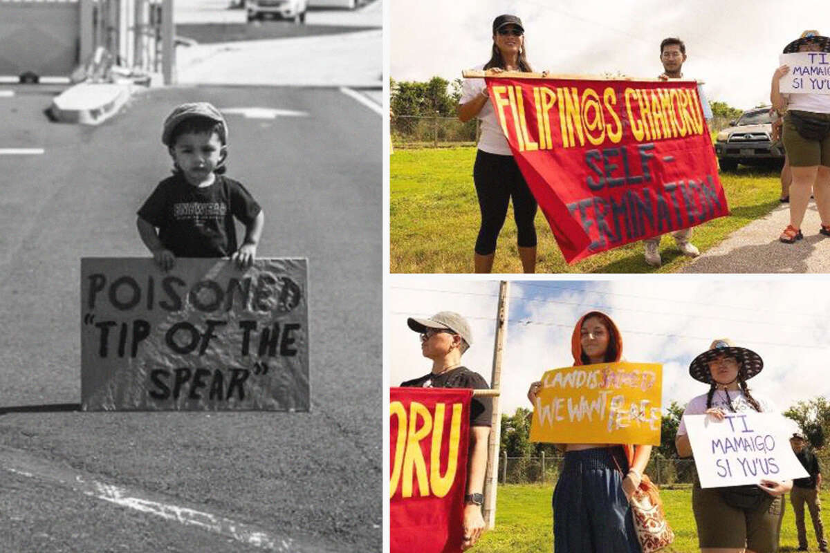 Left: A child joins the protest of Andersen Airforce Base in Guam. Right: Activists protest to raise awareness about global warming.