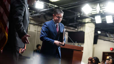 Speaker of the House Mike Johnson and House Majority Whip Tom Emmer, left, conclude a news conference in the Capitol Visitor Center after a meeting of the House Republican Conference on November 2, 2023.