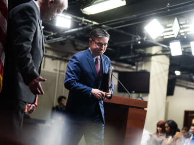 Speaker of the House Mike Johnson and House Majority Whip Tom Emmer, left, conclude a news conference in the Capitol Visitor Center after a meeting of the House Republican Conference on November 2, 2023.