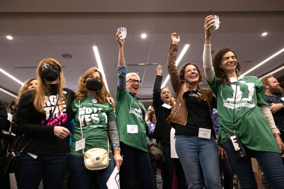 Abortion rights supporters celebrate winning the referendum on the so-called Issue 1, a measure to enshrine a right to abortion in Ohio's Constitution, in Columbus, Ohio, on November 7, 2023.